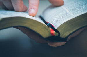 Close up image of an open Bible as a finger reads along a particular line