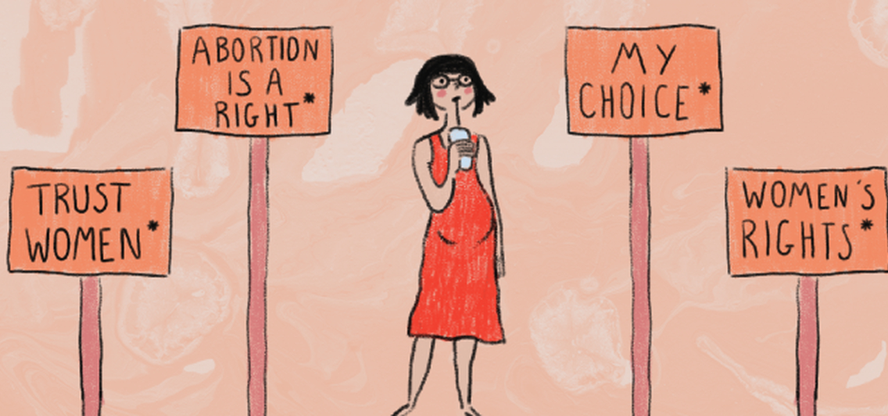 pregnant woman in red dress looks at pro-abortion signs